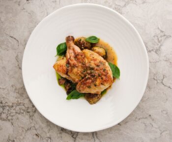 "Chicken with young vegetables and porcini mushrooms
